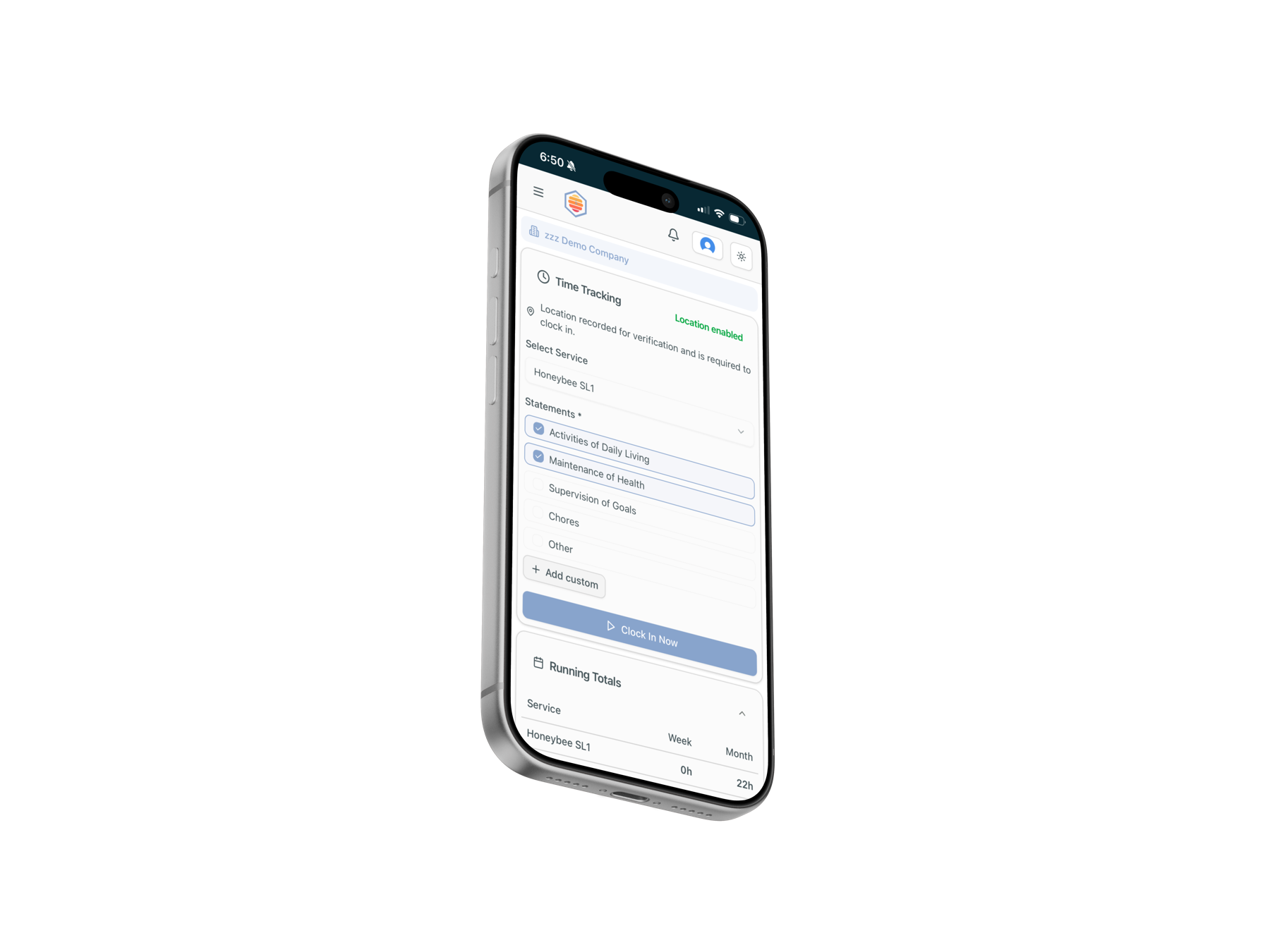Honeybee caregiver time tracking app shown on a phone