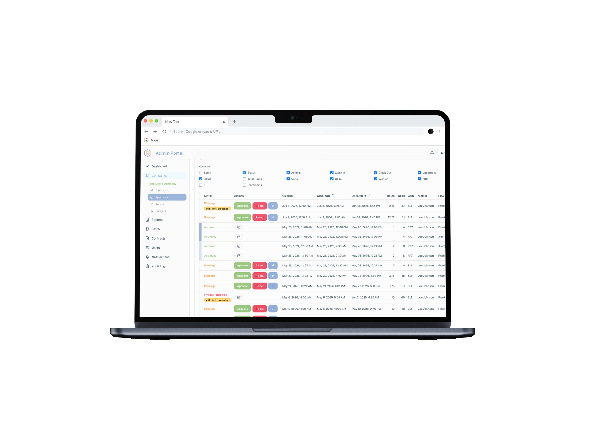 Honeybee admin portal shown on a laptop